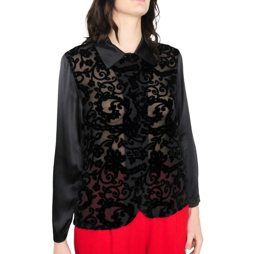 Vintage Diane von Furstenberg Black Baroque Sheer Silk Button Up Blouse Small